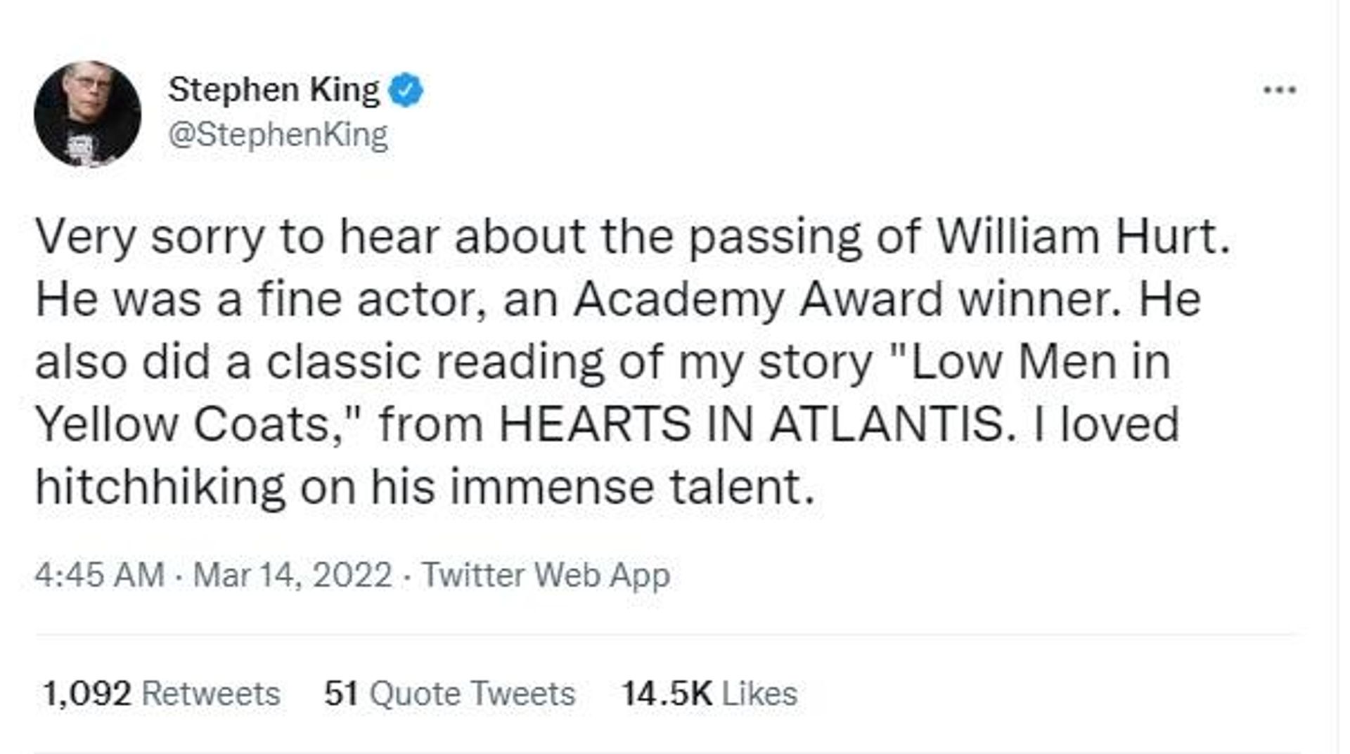 Author Stephen King pour in condolences on veteran Oscar-winning actor William Hurt's demise Author Stephen King pour in condolences on veteran Oscar-winning actor William Hurt's demise - Sputnik International, 1920, 14.03.2022