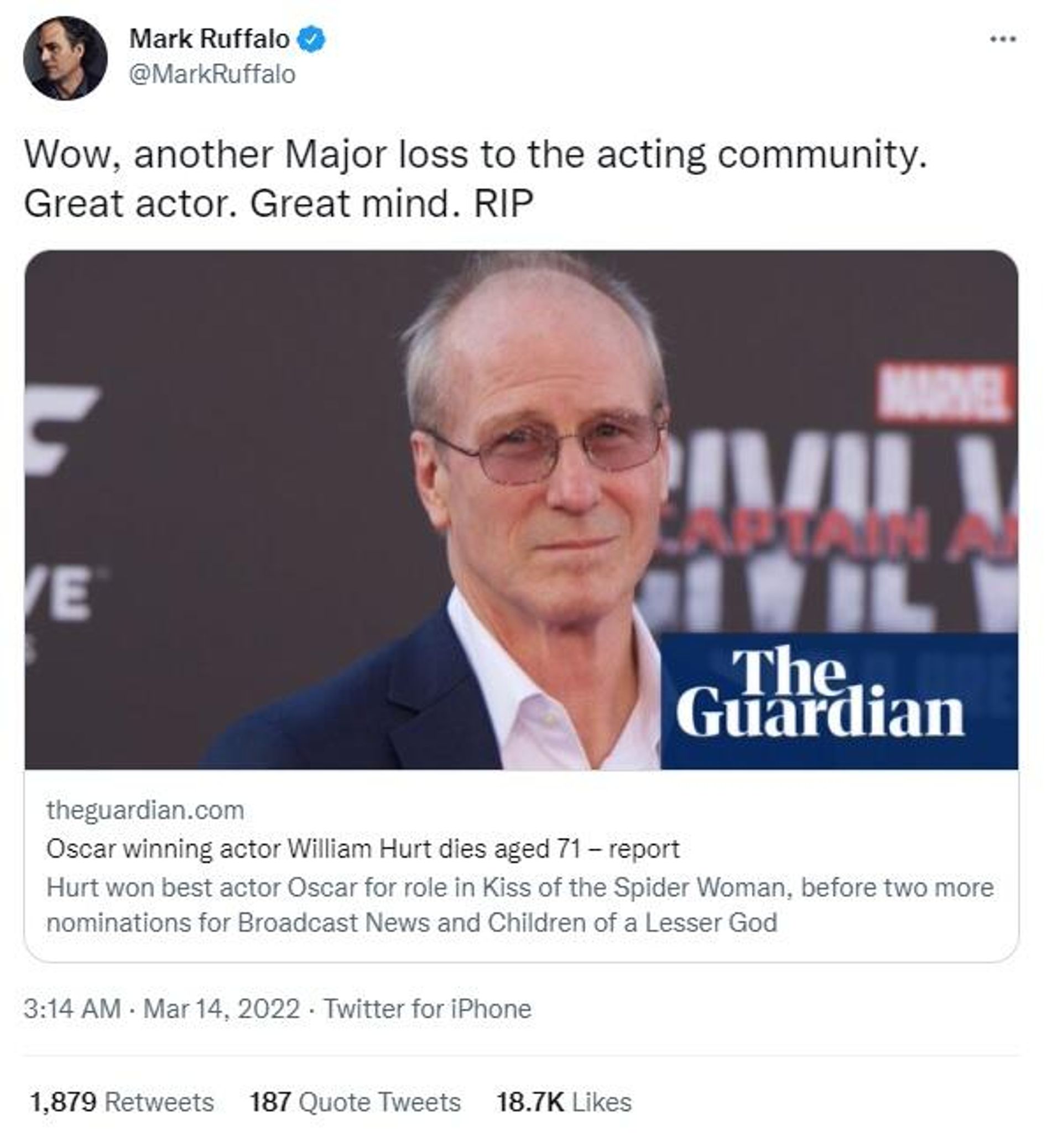 Actor, producer Mark Ruffalo pour in condolences on veteran Oscar-winning actor William Hurt's demise Actor, producer Mark Ruffalo pour in condolences on veteran Oscar-winning actor William Hurt's demise - Sputnik International, 1920, 14.03.2022