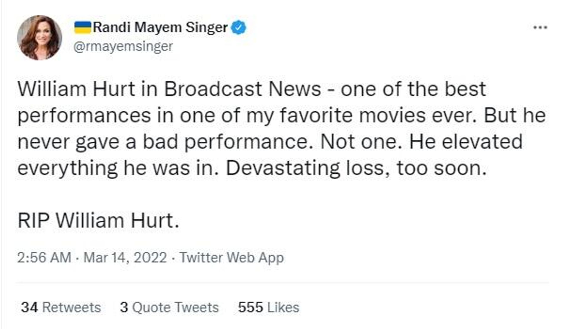 American screenwriter Randi Mayem Singer pay condolences for veteran Oscar-winning actor William Hurt American screenwriter Randi Mayem Singer pay condolences for veteran Oscar-winning actor William Hurt - Sputnik International, 1920, 14.03.2022