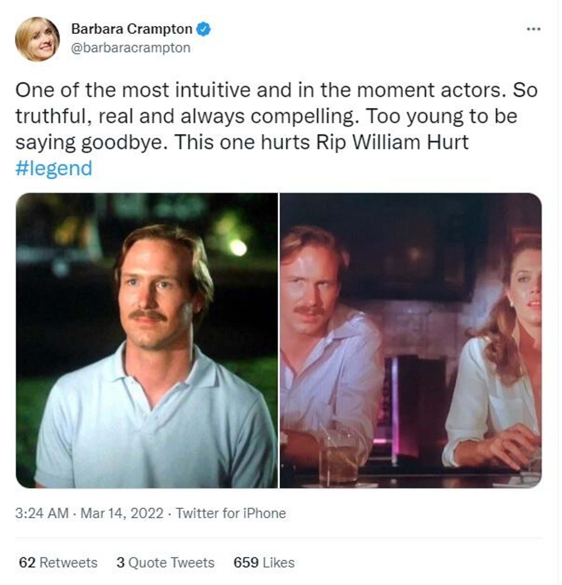 Actress Barbara Crampton pay condolences for veteran Oscar-winning actor William Hurt Actress Barbara Crampton pay condolences for veteran Oscar-winning actor William Hurt - Sputnik International, 1920, 14.03.2022
