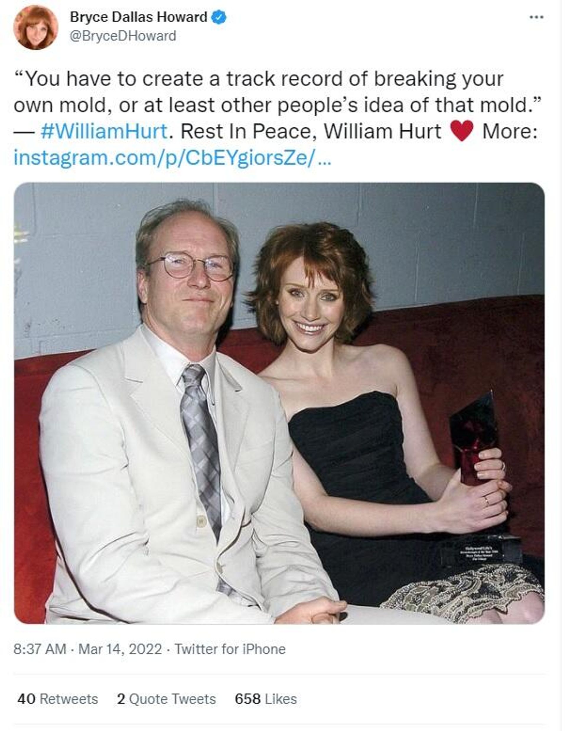 American actress Bryce Dallas Howard pour in condolences on veteran Oscar-winning actor William Hurt's demise American actress Bryce Dallas Howard pour in condolences on veteran Oscar-winning actor William Hurt's demise - Sputnik International, 1920, 14.03.2022