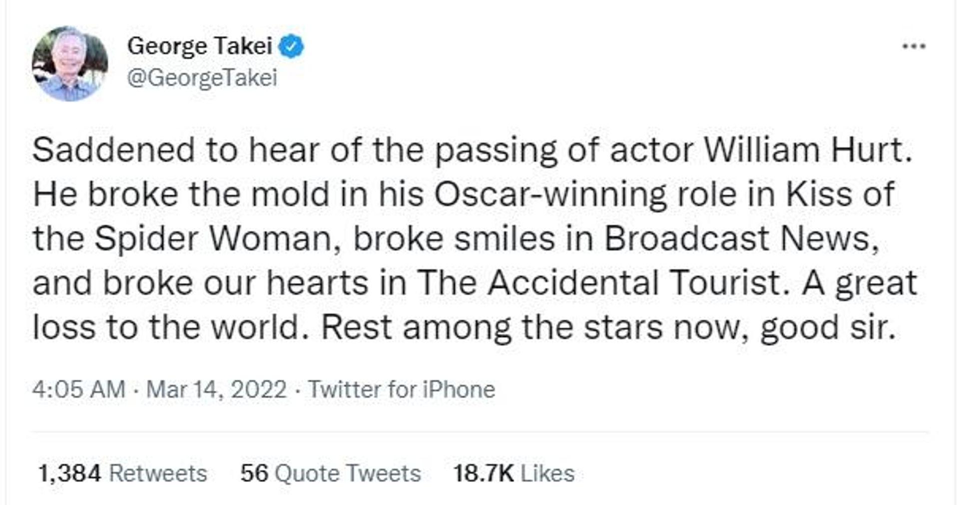 American actor George Takei pour in condolences on veteran Oscar-winning actor William Hurt's demise American actor George Takei pour in condolences on veteran Oscar-winning actor William Hurt's demise - Sputnik International, 1920, 14.03.2022