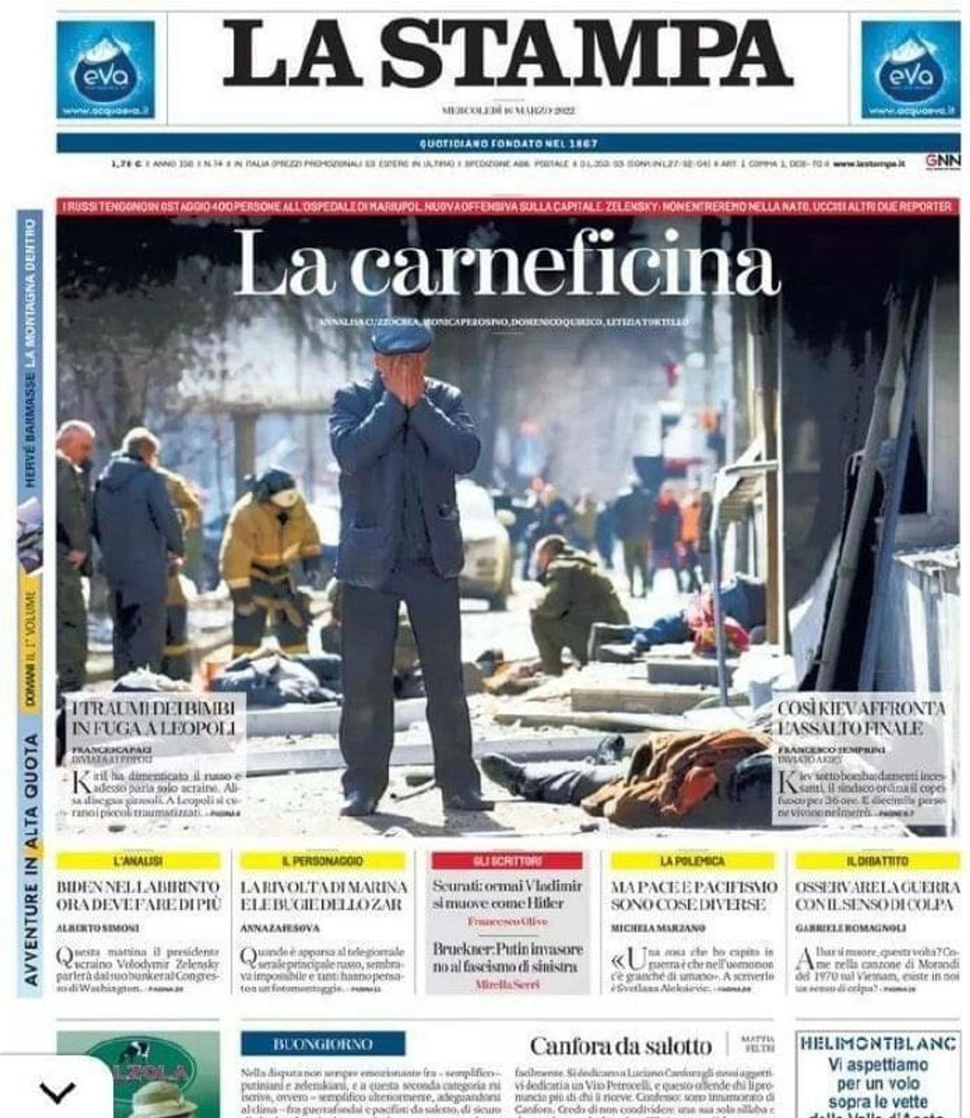 La Stampa front page showing carnage in the city of Donetsk and appearing to pass it off as a Russian attack on Kiev. La Stampa front page showing carnage in the city of Donetsk and appearing to pass it off as a Russian attack on Kiev. - Sputnik International, 1920, 17.03.2022