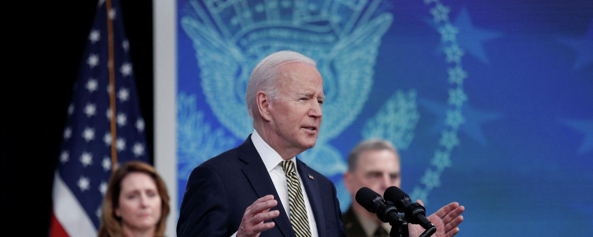 U.S. President Joe Biden speaks about assistance the U.S. government is providing to Ukraine amid Russia's invasion of the neighboring country, in the Eisenhower Office Building's South Court Auditorium at the White House in Washington, U.S., March 16, 2022. - Sputnik International, 1920, 21.03.2022