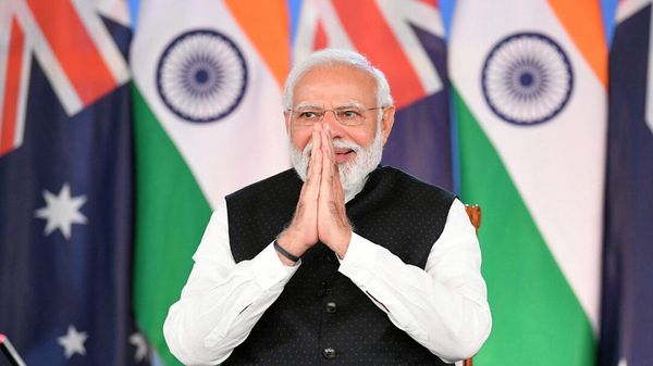 A photograph released by India's Press Information Bureau shows Indian Prime Minister Narendra Modi during a virtual summit with Australian Prime Minister Scott Morrison (unseen) on 21 March 2022 - Sputnik International