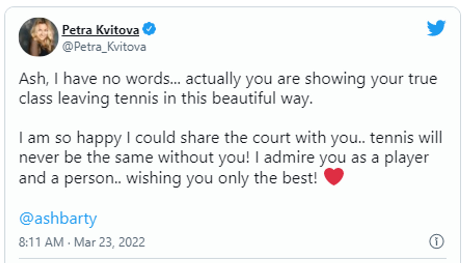 Petra Kvitova tweet screenshot Petra Kvitova tweet screenshot - Sputnik International, 1920, 23.03.2022