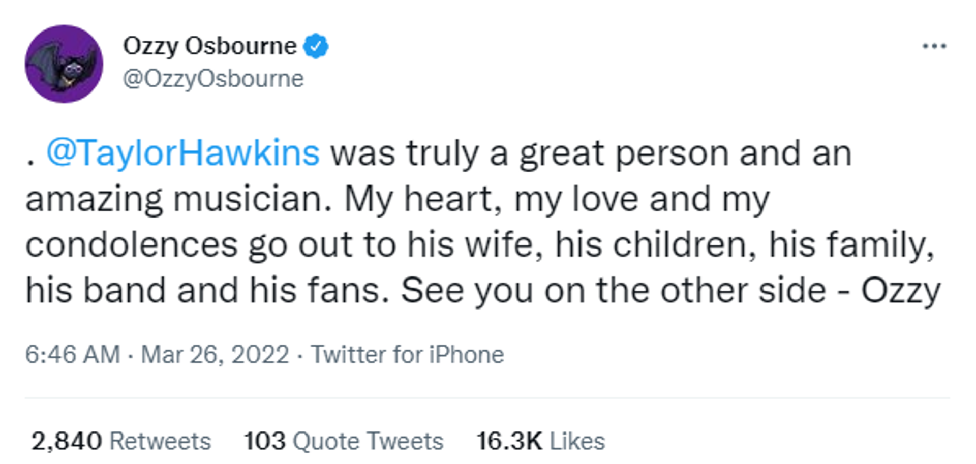 A screenshot of a tweet commemorating Foo Fighters drummer Taylor Hawkins - Sputnik International, 1920, 26.03.2022