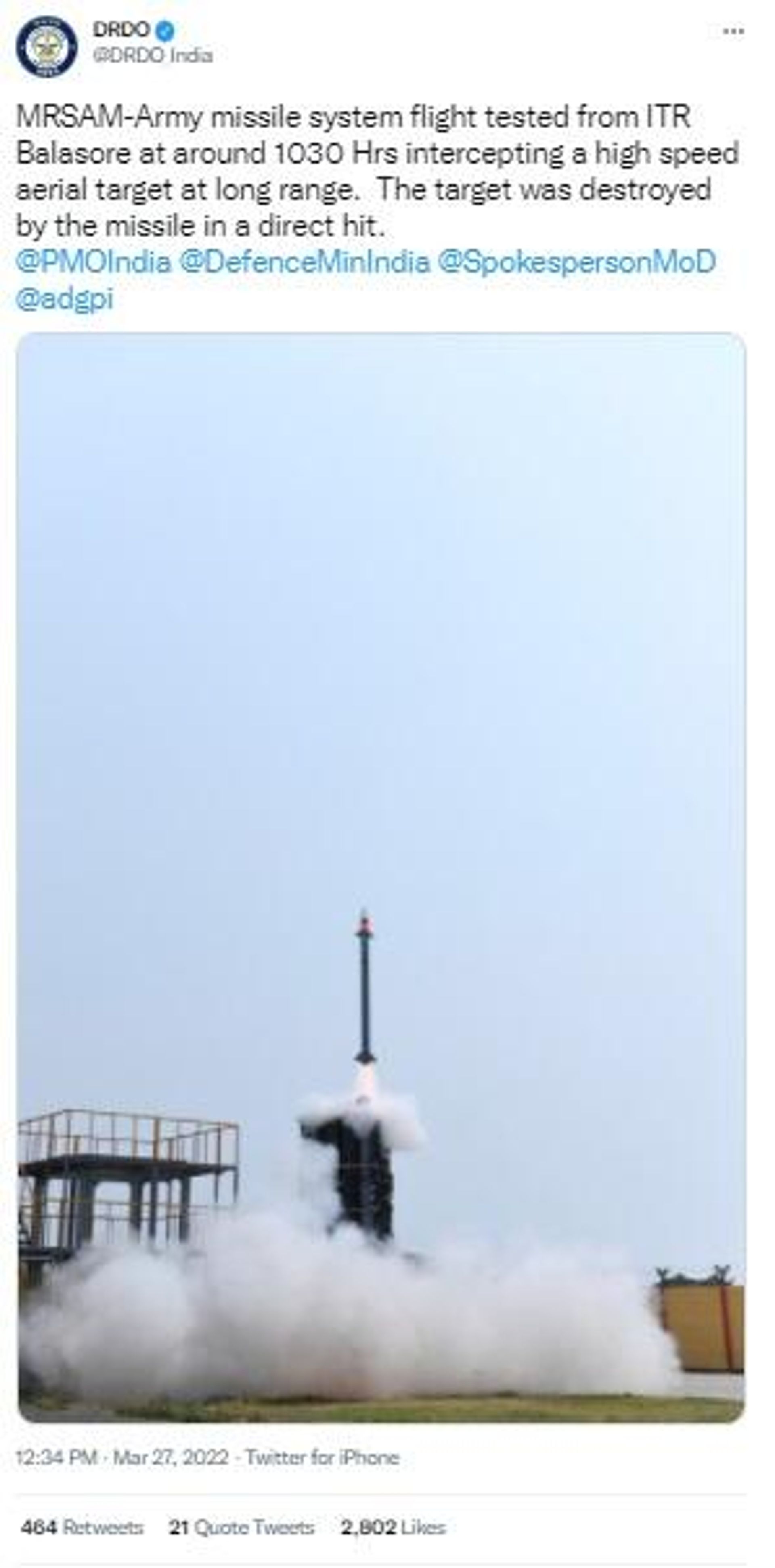 Indian Army successfully carries out the test firing of the medium-range surface-to-air missile (MRSAM) system. - Sputnik International, 1920, 27.03.2022