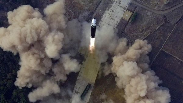 An overview of what state media reports is the launch of the Hwasong-17 intercontinental ballistic missile (ICBM) in this undated photo released on March 25, 2022 by North Korea's Korean Central News Agency (KCNA). - Sputnik International