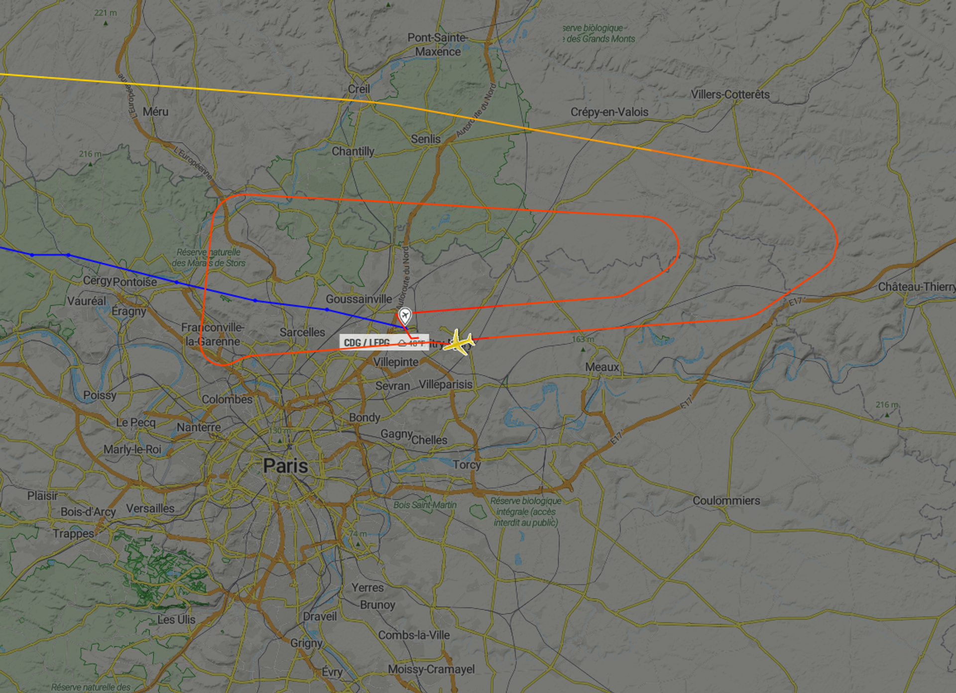 Air France Flight AF11, a Boeing 777, deviates from its final approach to Paris' Charles de Gaulle airport on April 5, 2022, after briefly losing flight control. Image is from Radarbox. - Sputnik International, 1920, 05.04.2022