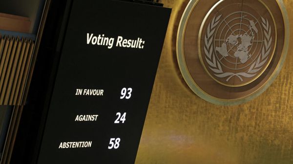 A display shows the results of voting on suspending Russia from United Nations Human Rights Council during an emergency special session of the U.N. General Assembly on Russia's invasion of Ukraine, at the United Nations headquarters in New York City, New York, U.S. April 7, 2022. - Sputnik International