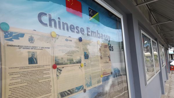 A display case of photos is seen outside Chinese Embassy in Honiara, Solomon Islands, Saturday, April 2, 2022. Seeking to counter international fears over its new security alliance with China, the Solomon Islands said it won't allow China to build a military base there. A display case of photos is seen outside Chinese Embassy in Honiara, Solomon Islands, Saturday, April 2, 2022. Seeking to counter international fears over its new security alliance with China, the Solomon Islands said it won't allow China to build a military base there. - Sputnik International