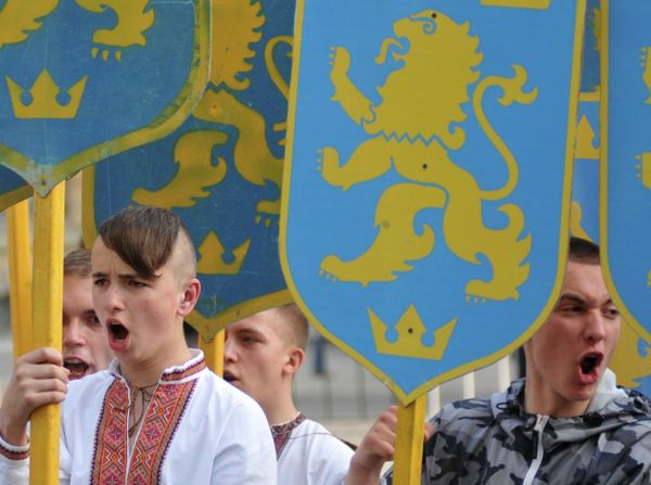 2014: Lvov. Participants of a march dedicated to the anniversary of the creation of the 14thSS-Volunteer Division Galicia. Nazi Germany began to form this division in April 1943. SS Galicia is one of the most infamous collaborationist nationalist units to fight with the Axis side on the territory of the former USSR. - Sputnik International
