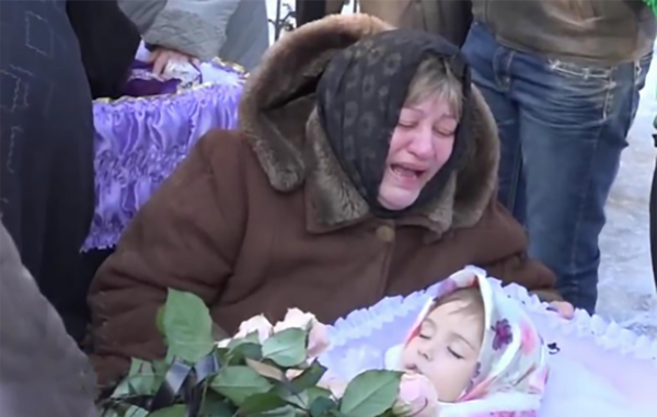 Arina Gusak, born in 2010. She was killed by UAF soldiers in Stakhanov, LPR. At 8 a.m. on 21 January 2015, Natalia was taking her 5-year-old daughter Arina to the kindergarten "Solnyshko". The same kindergarten that was hit by shells from Ukrainian "Uragan" multiple rocket launchers. Natalia and Arina were killed on the spot. - Sputnik International