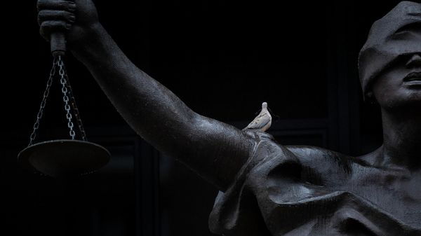 A bird rests on a statue of Justice during the trial of El Shafee Elsheikh, one of the ISIS 'Beatle', at US District Court for the Eastern District of Virginia April 7, 2022, in Alexandria, Virginia - Sputnik International