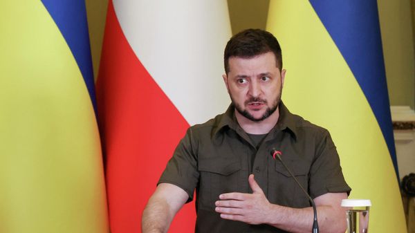 Ukraine's president Volodymyr Zelensky gestures as he attends a press conference with Austria's chancellor in Kiev, on 9 April, 2022.  - Sputnik International