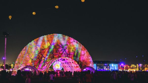 Art installation 'Circular Dimensions x Microscape' by Cristopher Cichocki is seen at the 2022 Coachella Valley Music And Arts Festival on April 17, 2022 in Indio, California.   - Sputnik International