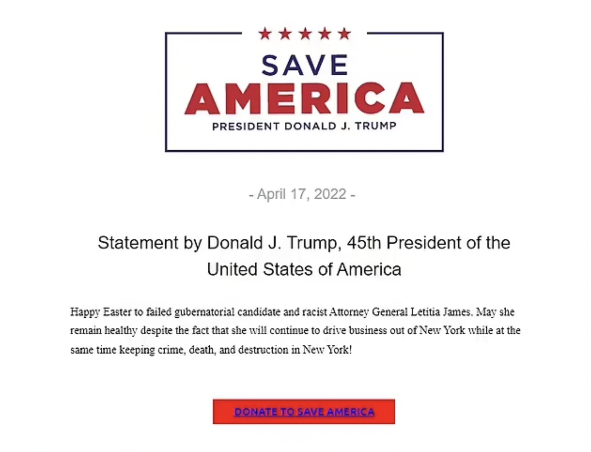 Statement by Donald J Trump about Attorney General Letitia James Statement by Donald J Trump about Attorney General Letitia James - Sputnik International, 1920, 19.04.2022