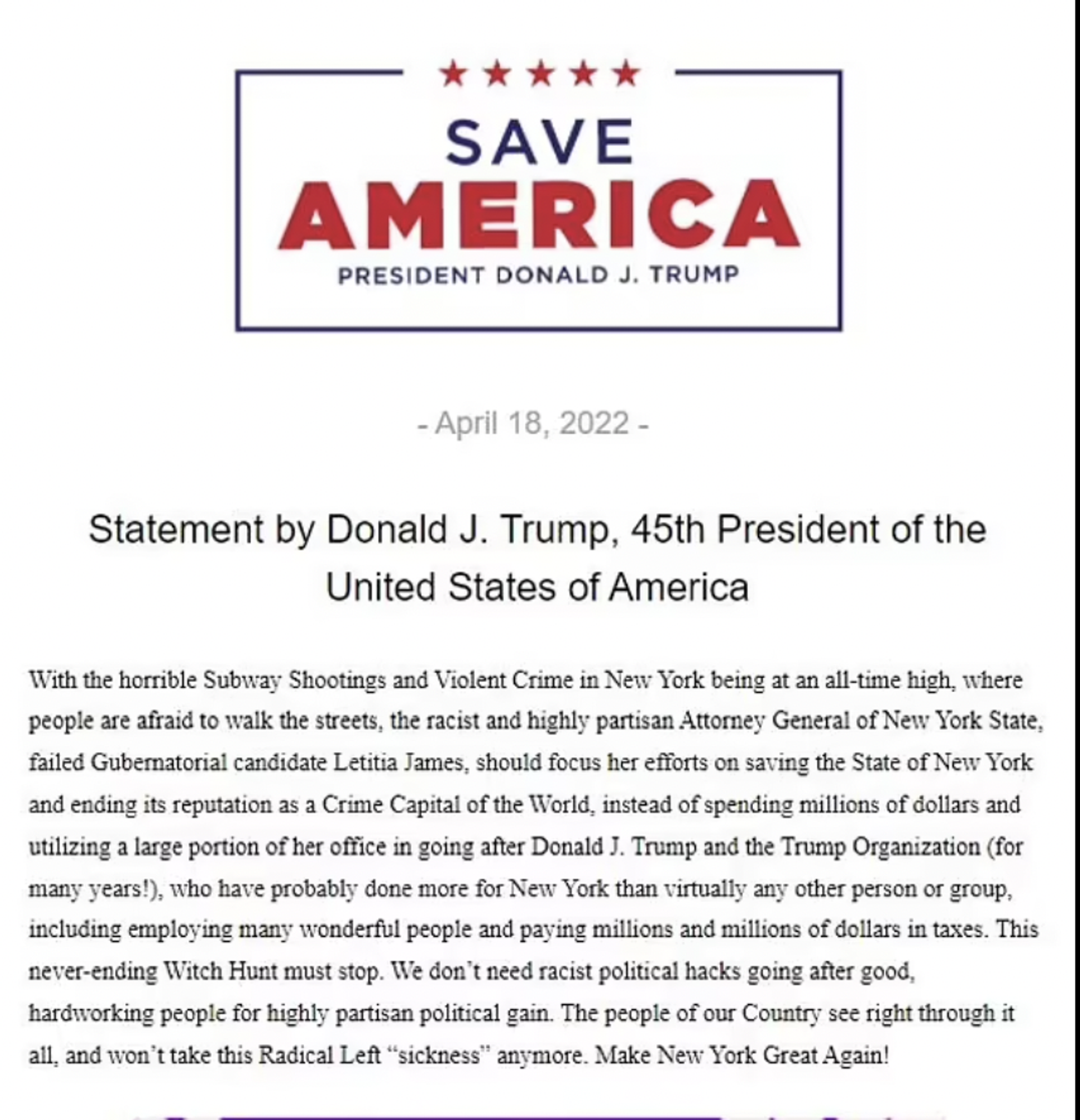 Statement by Donald J Trump about Attorney General Letitia James and her investigation Statement by Donald J Trump about Attorney General Letitia James and her investigation - Sputnik International, 1920, 19.04.2022