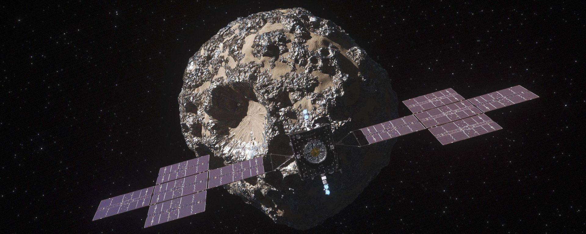This illustration, updated as of March 2021, depicts NASA's Psyche spacecraft. Set to launch in August 2022, the Psyche mission will explore a metal-rich asteroid of the same name that lies in the main asteroid belt between Mars and Jupiter. The spacecraft will arrive in early 2026 and orbit the asteroid for nearly two years to investigate its composition.
This illustration, updated as of March 2021, depicts NASA's Psyche spacecraft. Set to launch in August 2022, the Psyche mission will explore a metal-rich asteroid of the same name that lies in the main asteroid belt between Mars and Jupiter. The spacecraft will arrive in early 2026 and orbit the asteroid for nearly two years to investigate its composition.
- Sputnik International, 1920, 17.08.2022