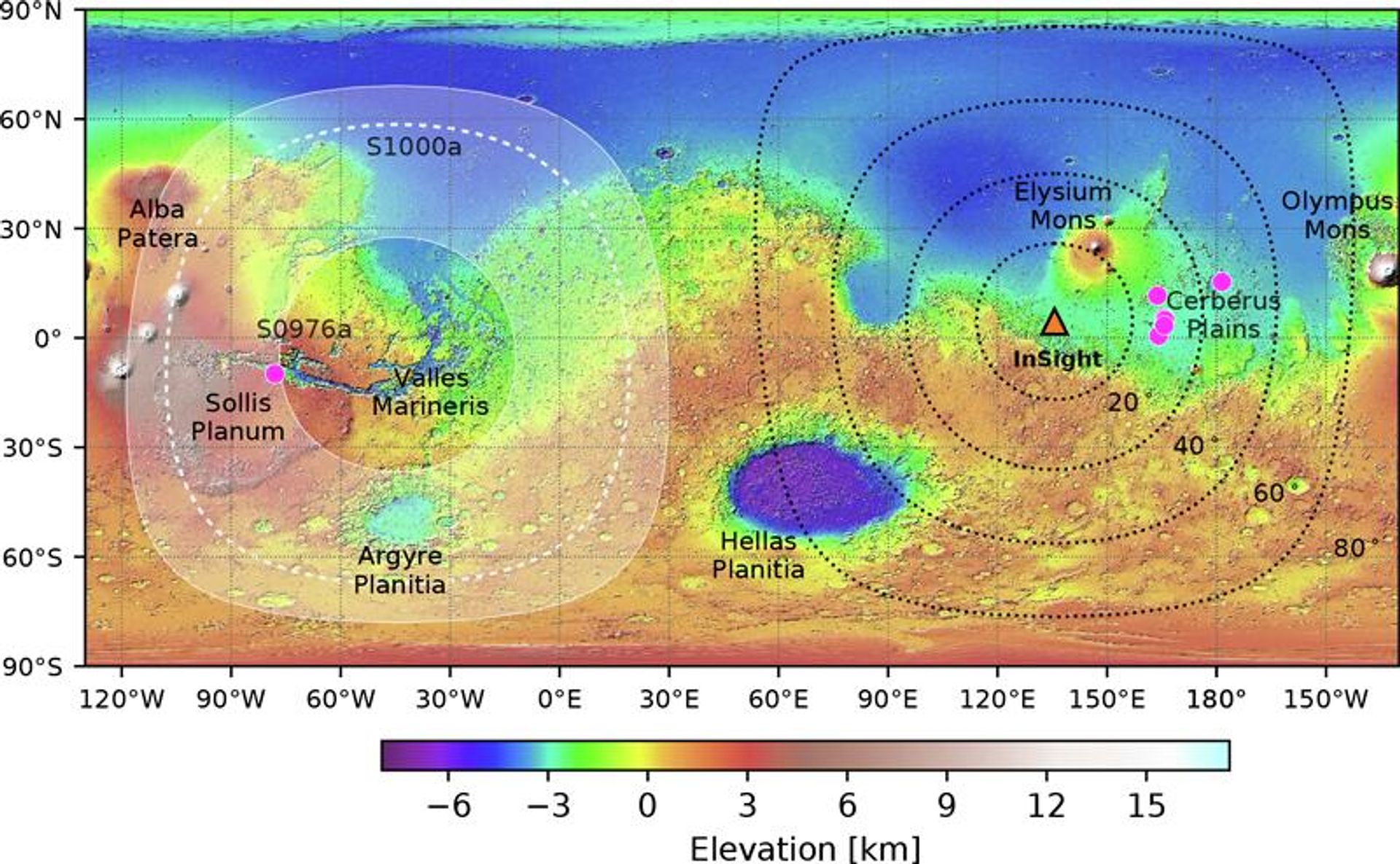 Mars surface relief map showing InSight’s location (orange triangle), other located marsquakes (purple dots) that cluster around 30° distance, close to Cerberus Fossae, and S0976a, located within Valles Marineris just north of Sollis Planum. S1000a’s location is predicted to be somewhere within the shaded region between 107° and 147° from InSight. - Sputnik International, 1920, 24.04.2022