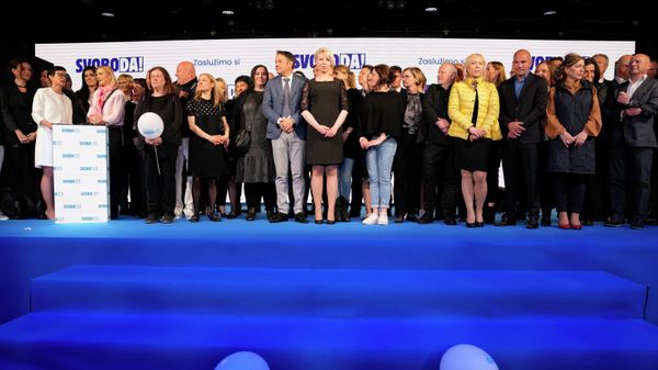 Members and supporters of the opposition Freedom Movement celebrate in Ljubljana, Slovenia, Sunday, April 24, 2022.  - Sputnik International