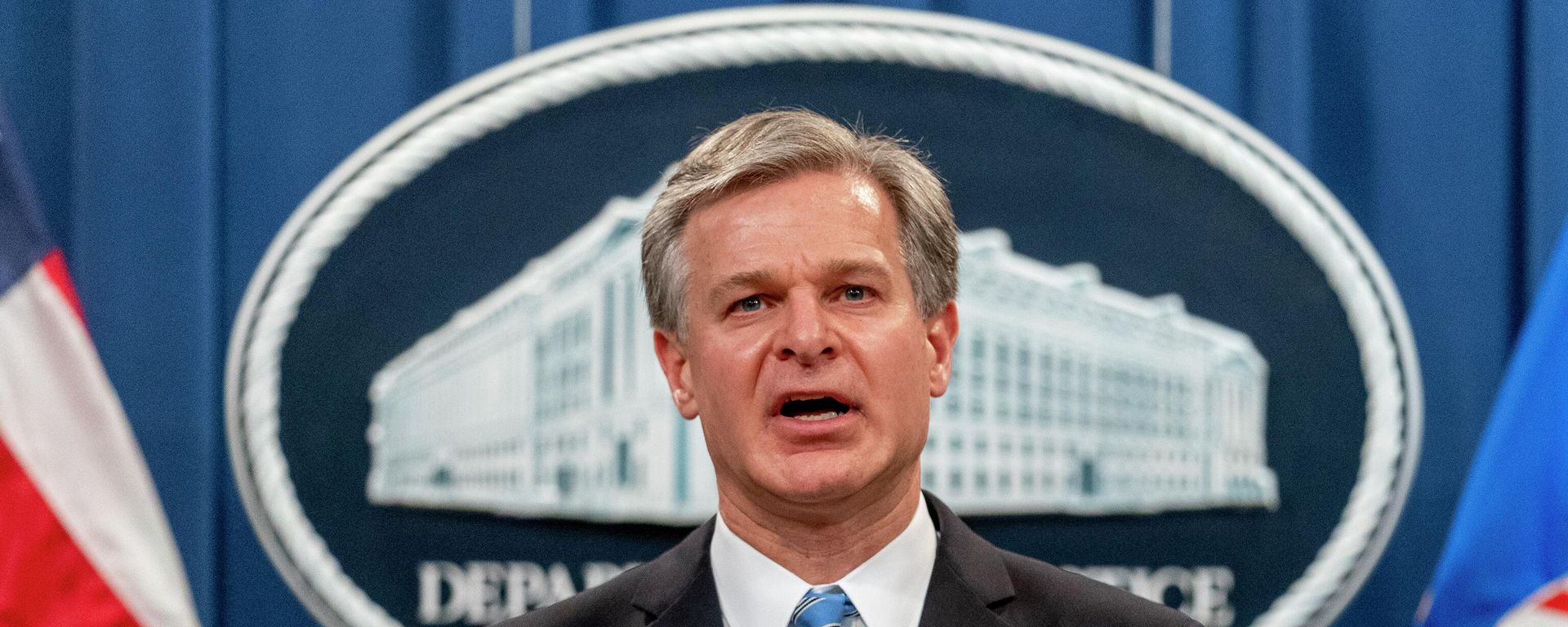 FBI Director Christopher Wray speaks at a news conference at the Justice Department in Washington, on Nov. 8, 2021. Wray says the threat to the West from the Chinese government is more brazen and damaging than ever before. In a speech on Jan. 31, 2022, at the Reagan Presidential Library in California, Wray accused Beijing of stealing American ideas and innovation and launching massive hacking operations. FBI Director Christopher Wray speaks at a news conference at the Justice Department in Washington, on Nov. 8, 2021. Wray says the threat to the West from the Chinese government is more brazen and damaging than ever before. In a speech on Jan. 31, 2022, at the Reagan Presidential Library in California, Wray accused Beijing of stealing American ideas and innovation and launching massive hacking operations. - Sputnik International, 1920, 31.10.2023