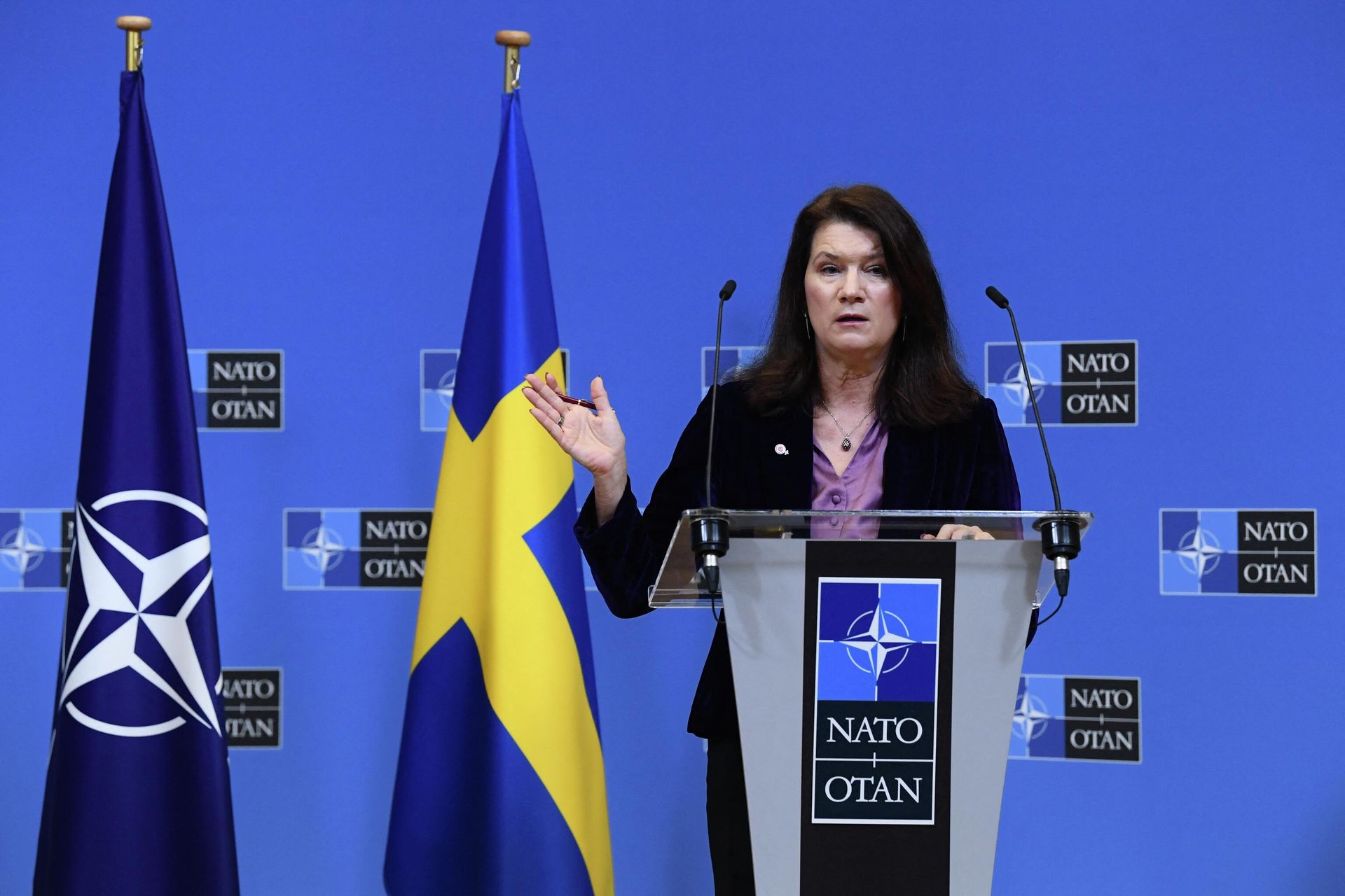 Sweden Foreign minister Ann Linde talks during a press conference with Finland Minister for Foreign Affairs and NATO Secretary General after their meeting at the Nato headquarters in Brussels on January 24, 2022. Sweden Foreign minister Ann Linde talks during a press conference with Finland Minister for Foreign Affairs and NATO Secretary General after their meeting at the Nato headquarters in Brussels on January 24, 2022. - Sputnik International, 1920, 13.05.2022