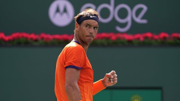 Rafael Nadal, of Spain, celebrates winning a game against Carlos Alcaraz, of Spain, during their men's singles semifinals at the BNP Paribas Open tennis tournament, March 19, 2022, in Indian Wells, Calif.  - Sputnik International