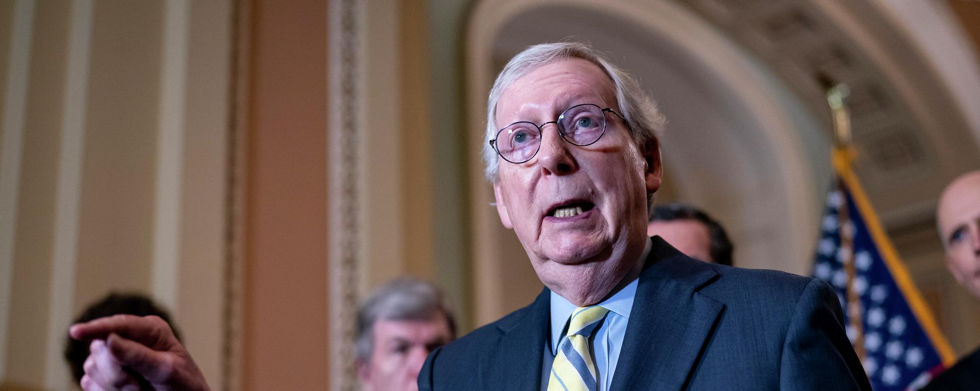 Senate Minority Leader Mitch McConnell, R-Ky., joined by the GOP leadership, meets with reporters at the Capitol in Washington, Tuesday, May 3, 2022. Reacting to reports that the Supreme Court could overturn the landmark 1973 Roe v. Wade case, McConnell said the leak should be investigated and punished to the fullest extent possible.  - Sputnik International, 1920, 30.08.2023