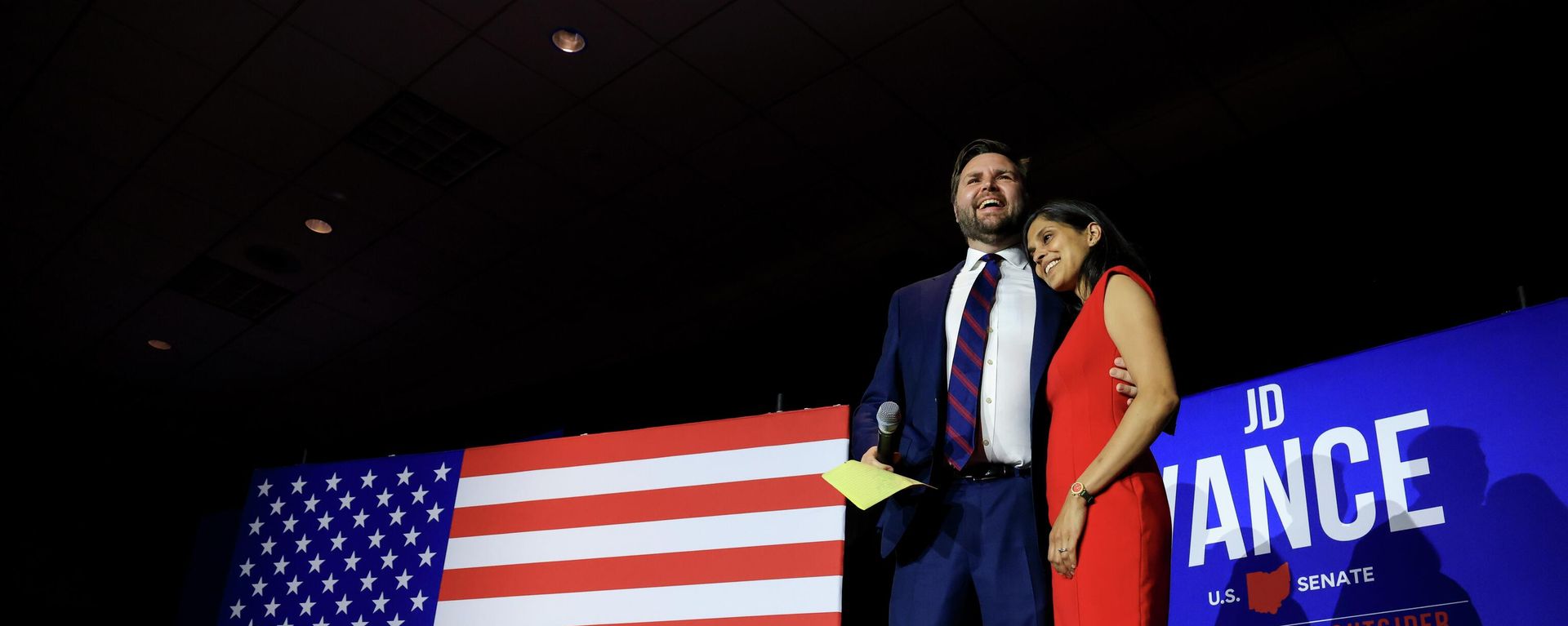Republican Senate candidate JD Vance, left, is hugs his wife Usha Vance, as he prepares to speak to supporters during an election night watch party, Tuesday, May 3, 2022, in Cincinnati. Republican Senate candidate JD Vance, left, is hugs his wife Usha Vance, as he prepares to speak to supporters during an election night watch party, Tuesday, May 3, 2022, in Cincinnati. - Sputnik International, 1920, 24.01.2024