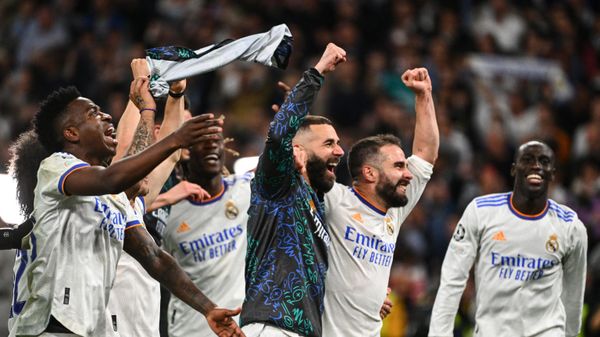 Real Madrid players celebrate their victory at the end of the UEFA Champions League semi-final second leg football match between Real Madrid CF and Manchester City at the Santiago Bernabeu stadium in Madrid on May 4, 2022 Real Madrid players celebrate their victory at the end of the UEFA Champions League semi-final second leg football match between Real Madrid CF and Manchester City at the Santiago Bernabeu stadium in Madrid on May 4, 2022 - Sputnik International