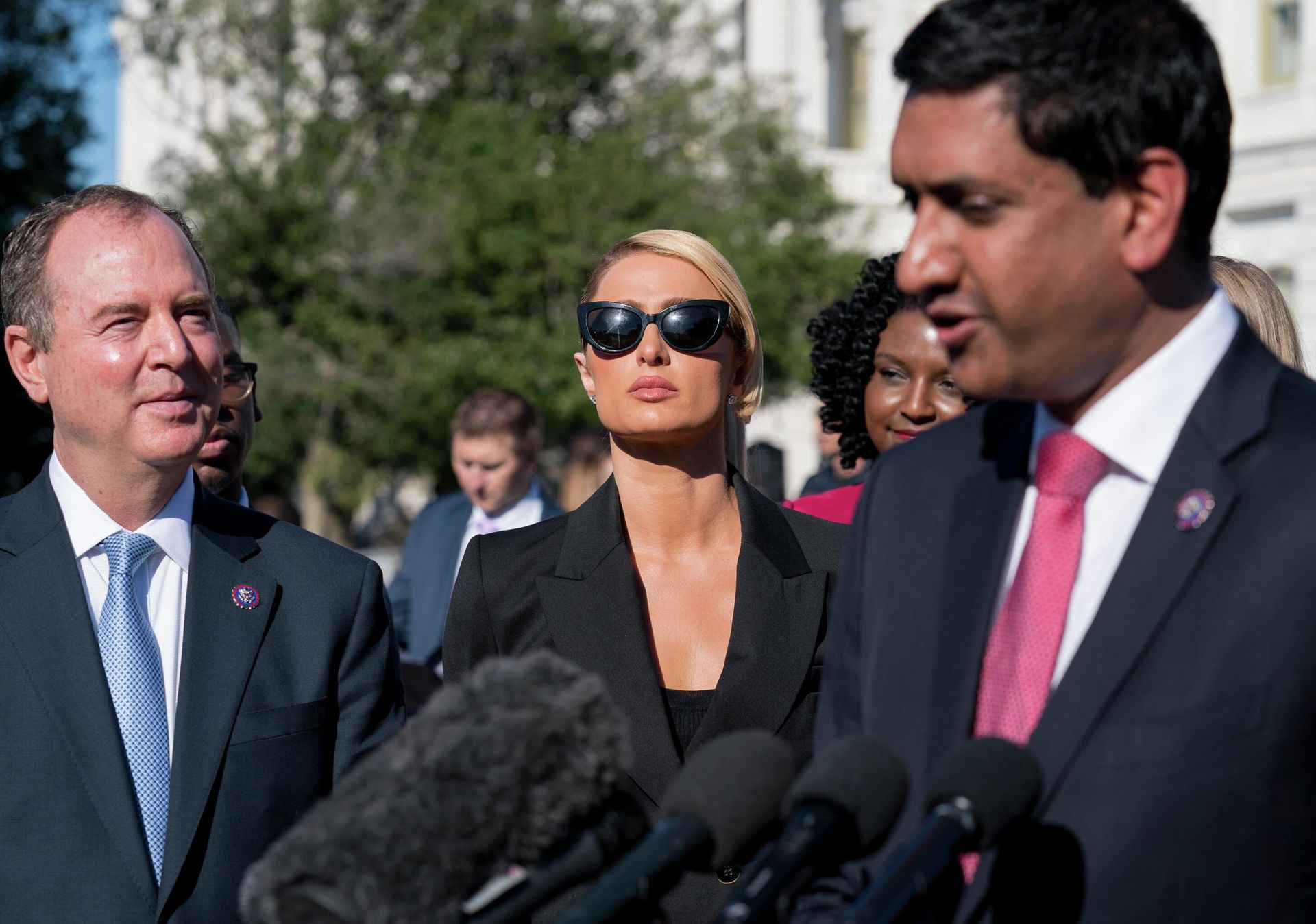 Hotel heiress and reality star Paris Hilton, flanked by House Intelligence Committee Chairman Adam Schiff, D-Calif., left, and Rep. Ro Khanna, D-Calif., lends her celebrity to support legislation to establish a bill of rights for children placed in congregate care facilities, at the Capitol on Wednesday, Oct. 20, 2021. Hilton says she was traumatized as a teenager when she was sent by her family to abusive care facilities. Hotel heiress and reality star Paris Hilton, flanked by House Intelligence Committee Chairman Adam Schiff, D-Calif., left, and Rep. Ro Khanna, D-Calif., lends her celebrity to support legislation to establish a bill of rights for children placed in congregate care facilities, at the Capitol on Wednesday, Oct. 20, 2021. Hilton says she was traumatized as a teenager when she was sent by her family to abusive care facilities. - Sputnik International, 1920, 10.05.2022