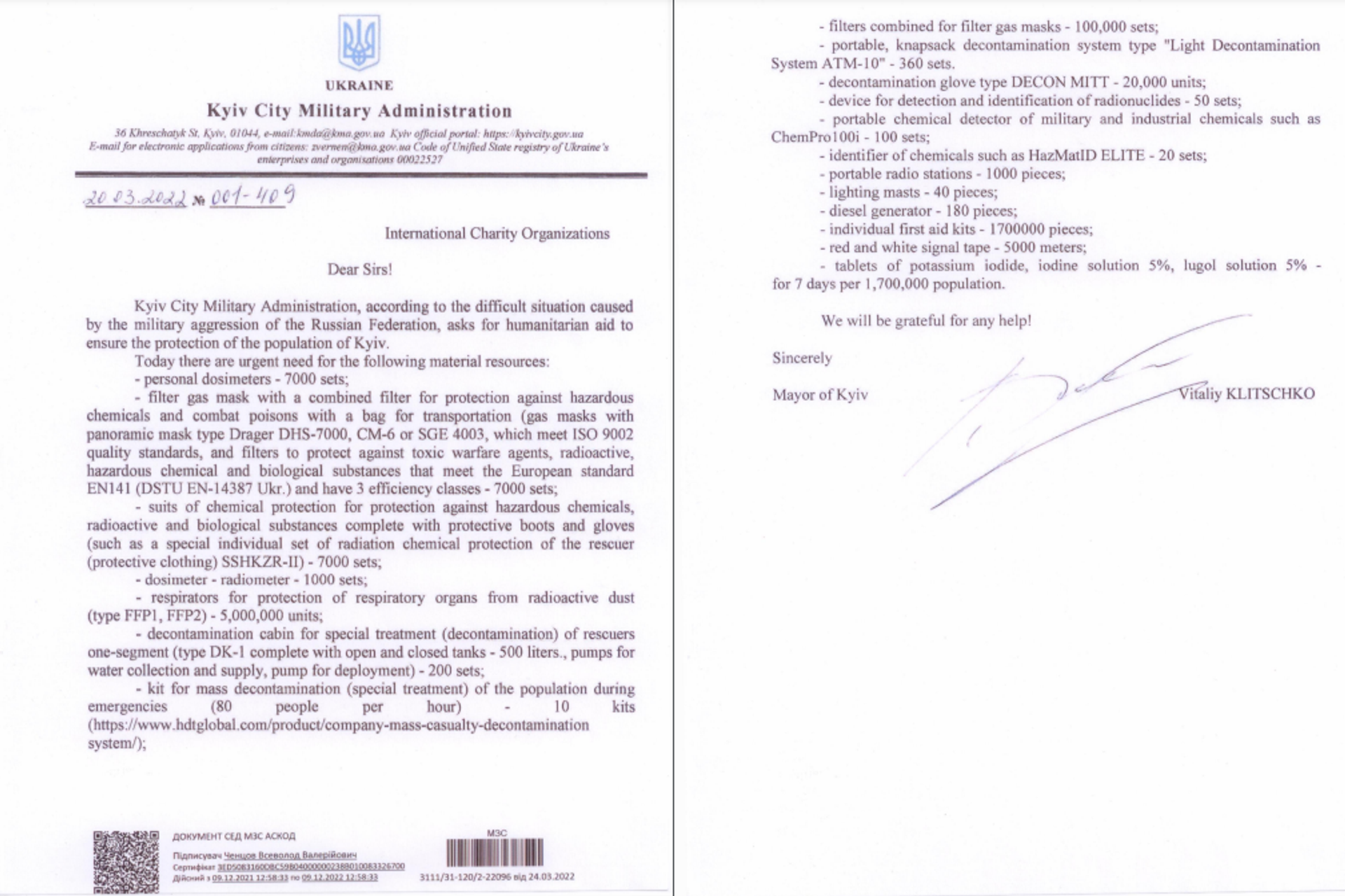 Letter from Mayor of Kiev Vitaliy Klitschko to International Charity Organizations dated 20 March 2022 requesting a range of equipment to protect against WMD attack. Letter from Mayor of Kiev Vitaliy Klitschko to International Charity Organizations dated 20 March 2022 requesting a range of equipment to protect against WMD attack. - Sputnik International, 1920, 11.05.2022