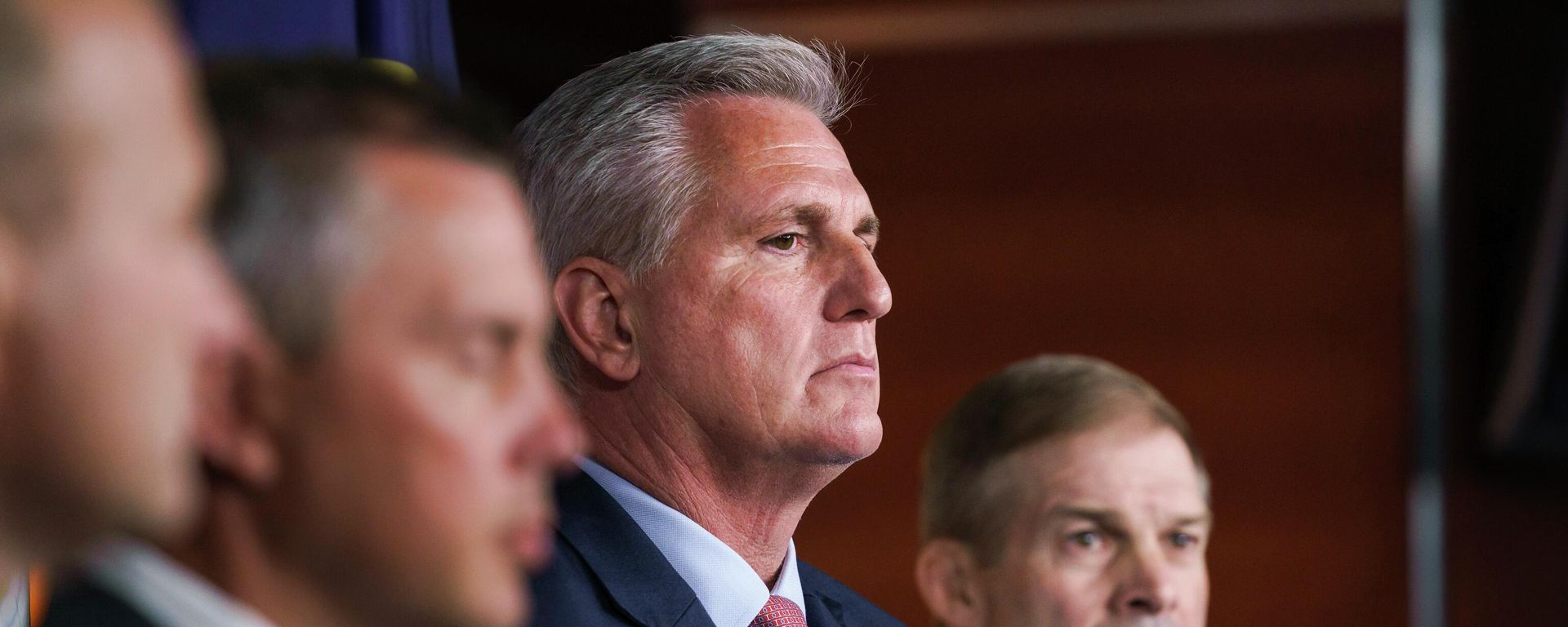 House Minority Leader Kevin McCarthy, R-Calif., center, joined at right by Rep. Jim Jordan, R-Ohio, pause during a news conference after House Speaker Nancy Pelosi rejected two Republicans chosen for the committee investigating the Jan. 6 Capitol insurrection, Rep. Jim Banks, R-Ind., and Rep. Jordan, R-Ohio, at the Capitol in Washington, Wednesday, July 21, 2021. McCarthy is denouncing the decision as an egregious abuse of power, by Pelosi.  - Sputnik International, 1920, 12.05.2022