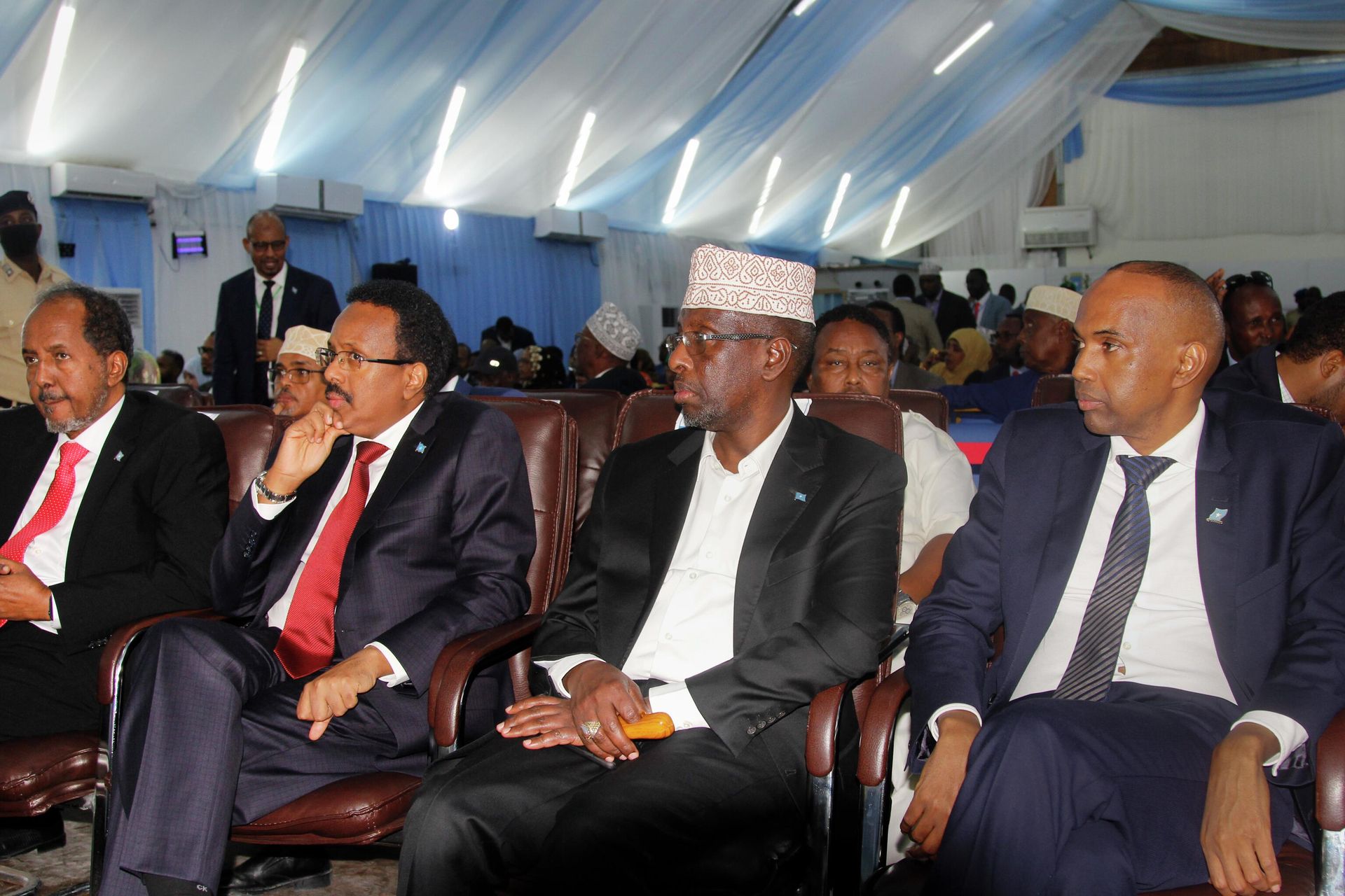 From left to right, former president Hassan Sheikh Mohamud, incumbent leader Mohamed Abdullahi Mohamed, former president Sharif Sheikh Ahmed, and former prime minister Hassan Ali Khaire, attend a voting session for the presidential election, at the Halane military camp which is protected by African Union peacekeepers, in Mogadishu, Somalia Sunday, May 15, 2022. From left to right, former president Hassan Sheikh Mohamud, incumbent leader Mohamed Abdullahi Mohamed, former president Sharif Sheikh Ahmed, and former prime minister Hassan Ali Khaire, attend a voting session for the presidential election, at the Halane military camp which is protected by African Union peacekeepers, in Mogadishu, Somalia Sunday, May 15, 2022. - Sputnik International, 1920, 16.05.2022