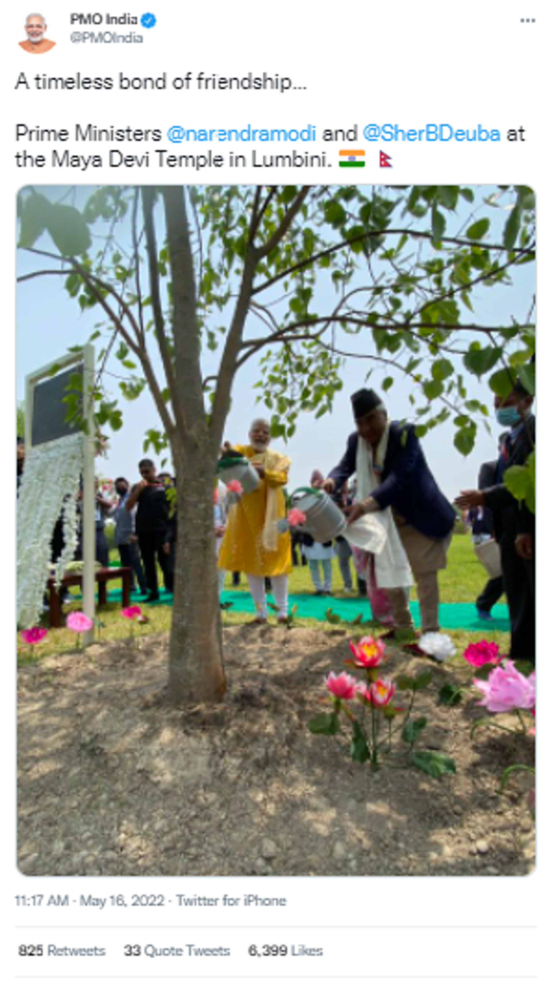 Prime Minister Narendra Modi and Nepal's Prime Minister Sher Bahadur Deuba Water Bodhi Tree in Maya Devi Temple in Lumbini - Sputnik International, 1920, 16.05.2022