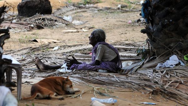An elderly Sri Lankan Tamil civilian sits among the rubble of a village near Puthukkudiyiruppu (File) - Sputnik International