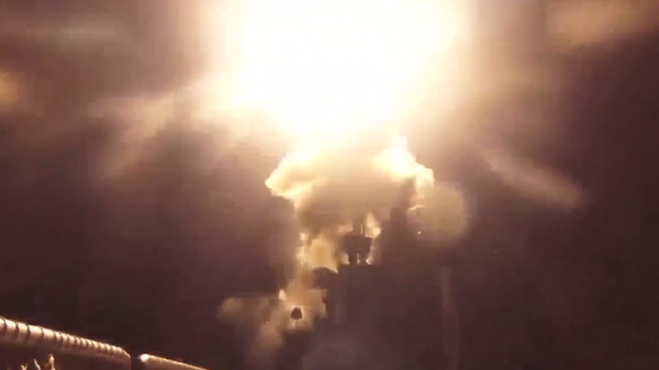 Screenshot of Russian military video showing missiles being launched on route to Motor Sich workshops in Ukraine. - Sputnik International