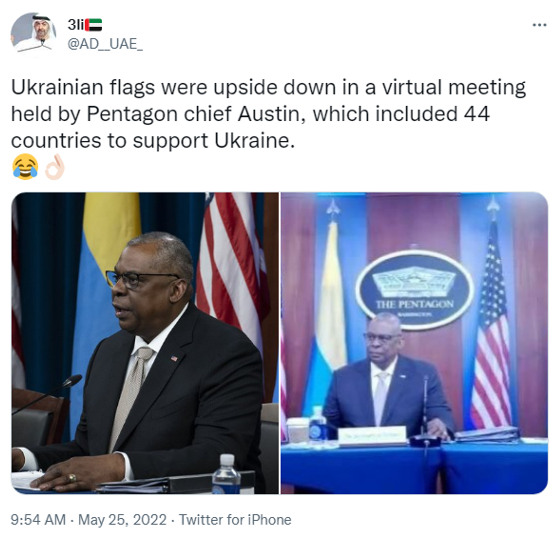 Tweet ridiculing upside-down Ukrainian flags at an international meeting of defence ministers to raise military aid for Ukraine - Sputnik International, 1920, 25.05.2022