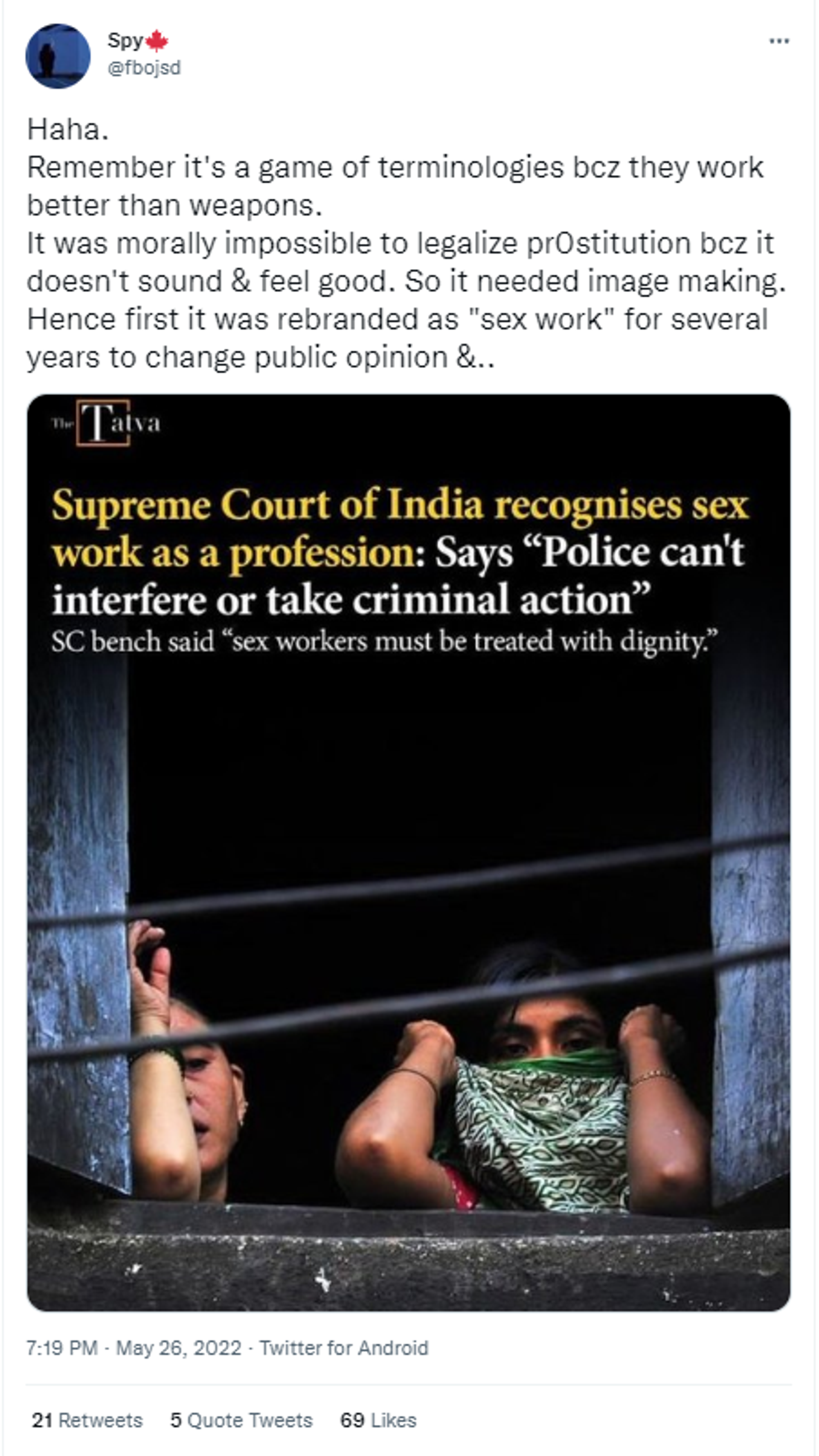 Twitter reactions on Supreme Court identified prostitution as a profession and issued guidelines on the rights of sex workers Twitter reactions on Supreme Court identified prostitution as a profession and issued guidelines on the rights of sex workers - Sputnik International, 1920, 27.05.2022