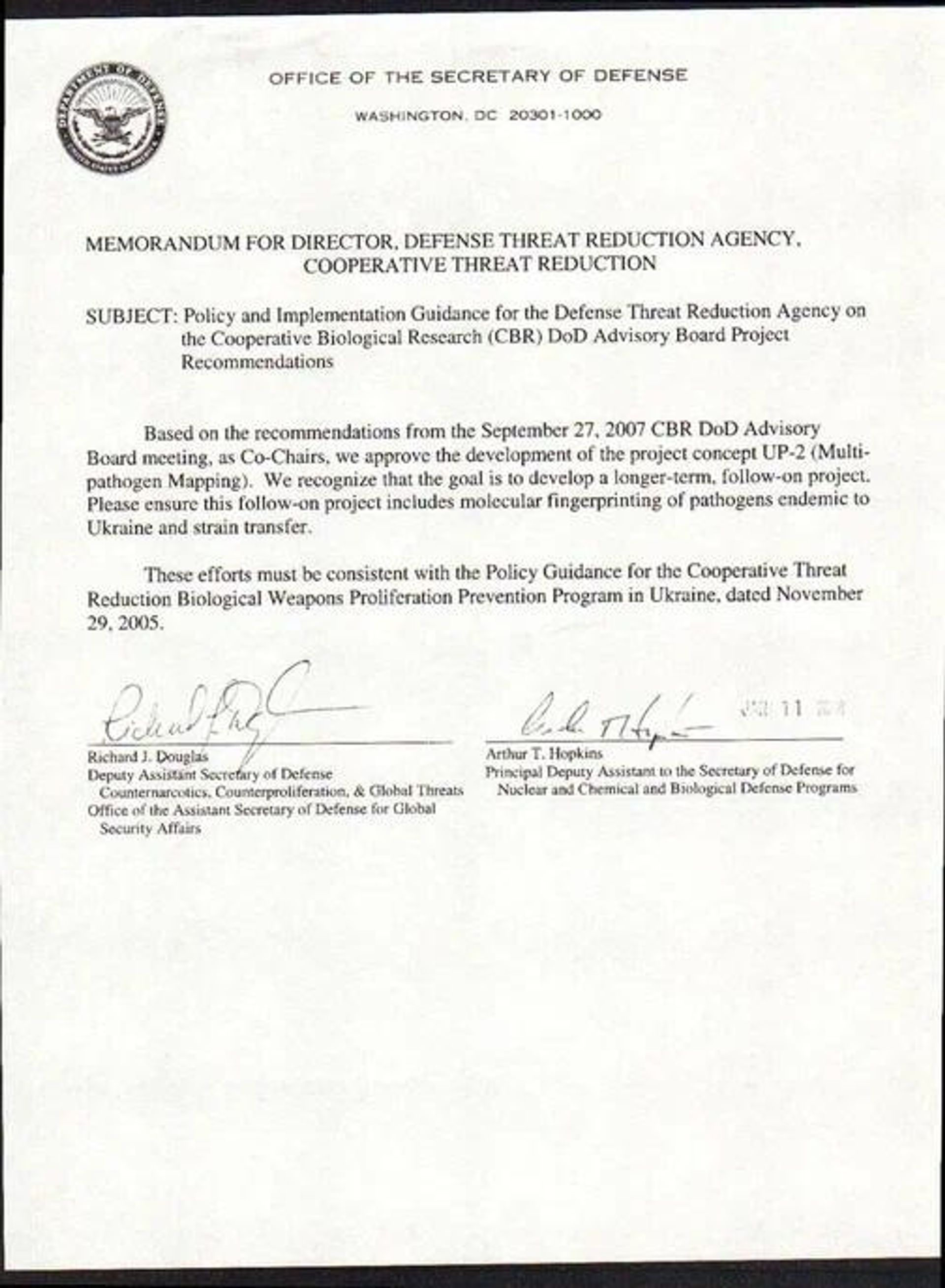 DTRA document on the approval of project concept UP-2 (Multi-pathogen Mapping), to be carried out in accordance with the 2005 Policy Guidance for the Cooperative Threat Reduction Biological Weapons Proliferation Prevention Program in Ukraine. - Sputnik International, 1920, 27.05.2022
