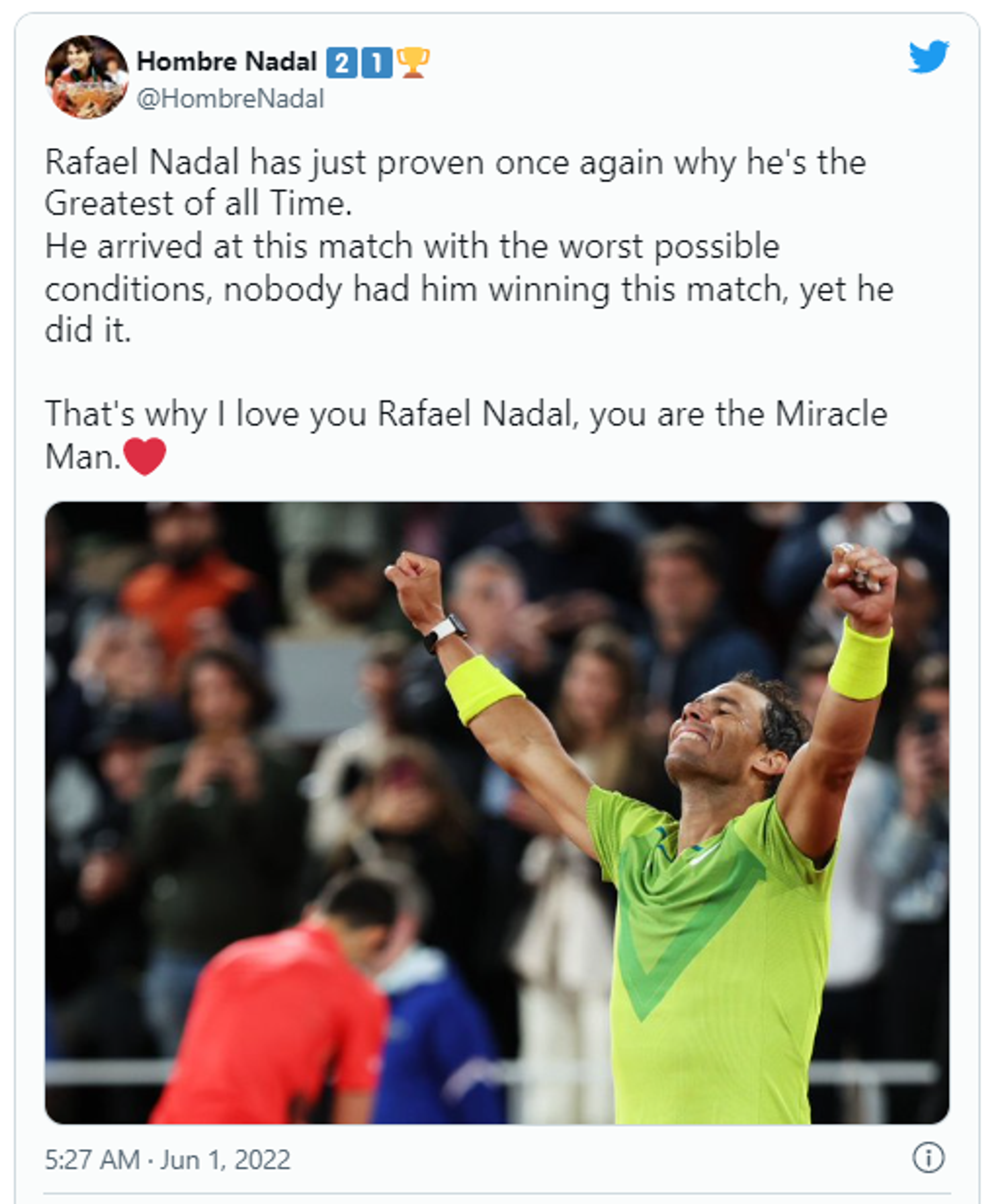 Twitter screenshot of a Rafa Nadal fan after French Open quarterfinal win over Novak Djokovic Twitter screenshot of a Rafa Nadal fan after French Open quarterfinal win over Novak Djokovic - Sputnik International, 1920, 01.06.2022