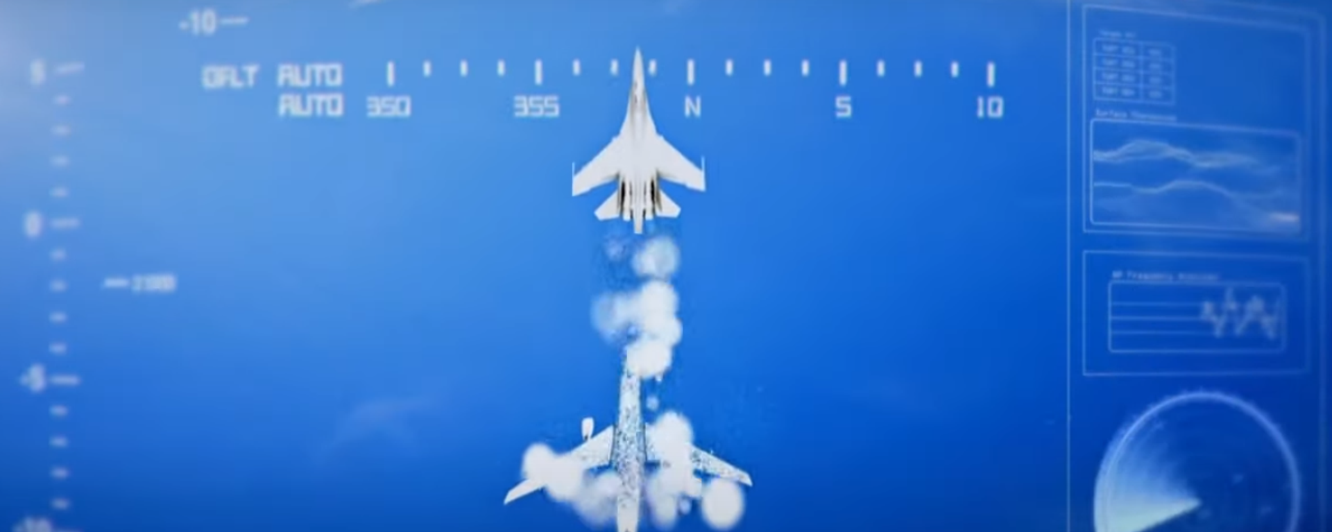 Artist's visualization of Chinese fighter intercept of Australian maritime recon aircraft and the firing of a cloud of chaff ingested by the Aussie plane's engine. Screengrab of 9 News Australia report. - Sputnik International, 1920, 05.06.2022