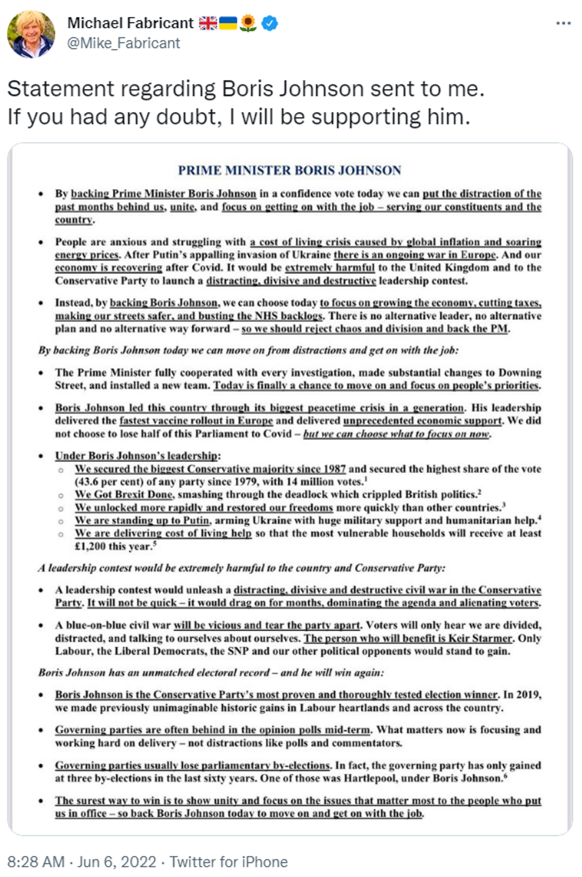 Tweet by Conservative MP Michael Fabricant of a list of reasons to support Prime Minister Boris Johnson - Sputnik International, 1920, 06.06.2022