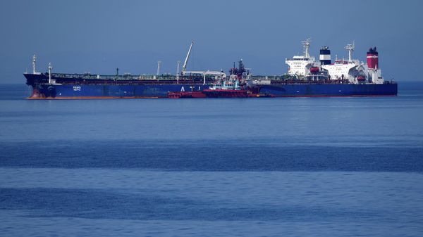 The Pegas tanker, that has recently changed its name to Lana, is seen off the port of Karystos on the Aegean Sea island of Evia, Greece, Friday, May 27, 2022. The crude oil cargo of the Iranian-flagged tanker that was stopped in Greek waters last month has been seized and is being transferred to another vessel following a request from the U.S., a Greek official said Thursday. (AP Photo/Thanassis Stavrakis) - Sputnik International