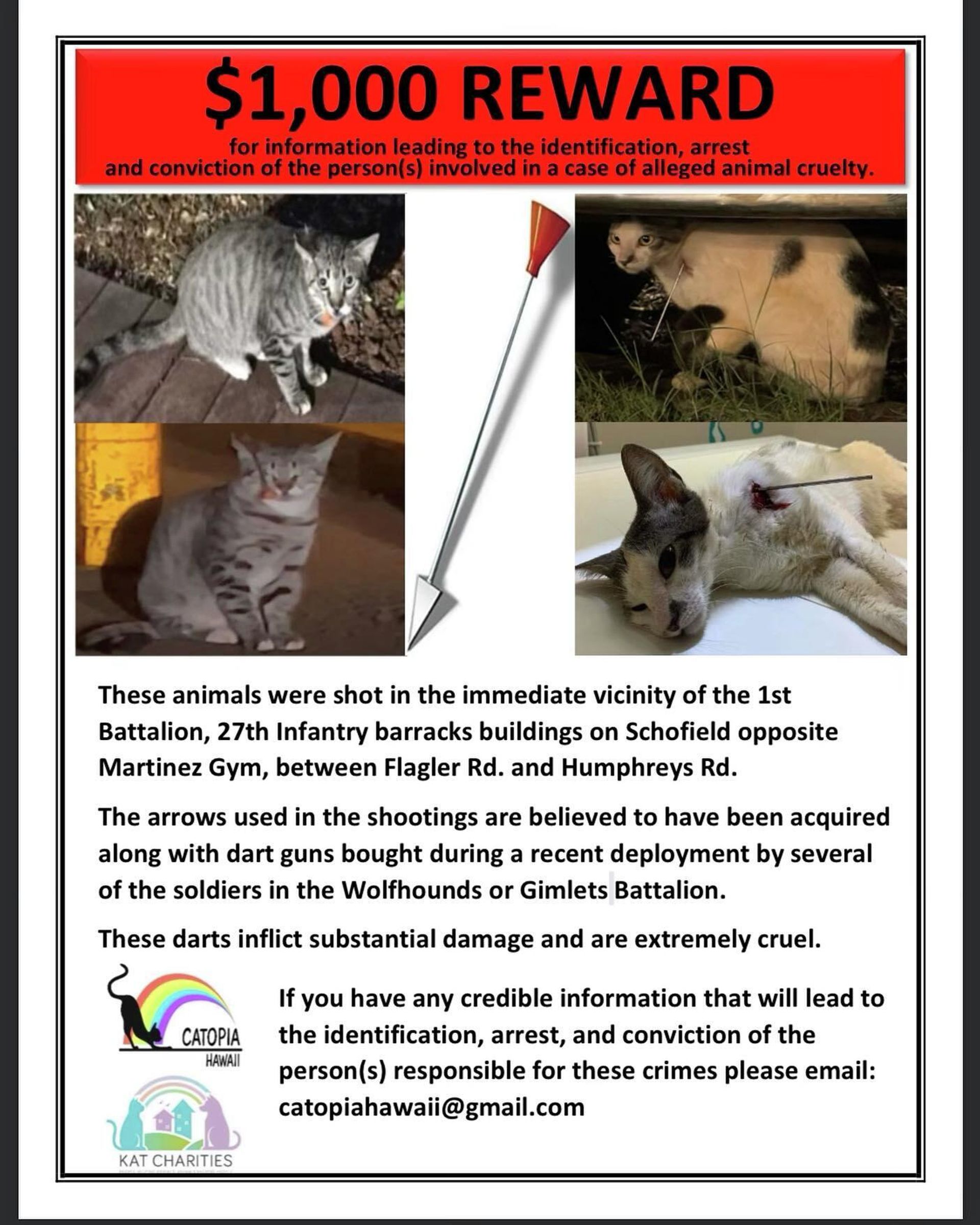 Reward poster published by KAT Charities via Facebook: Thanks to the generous contributions of our supports, we have can contribute to @catopiahawaii’s cash reward for credible information that leads to the identification, arrest and conviction of the person or people responsible for the animal cruelty at Schofield.  - Sputnik International, 1920, 11.06.2022