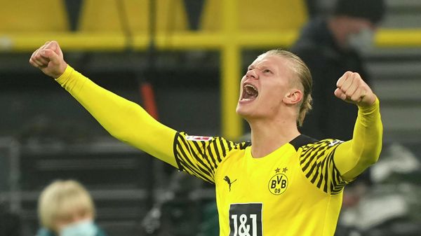 FILE - Dortmund's Erling Haaland celebrates the fourth goal of his team against Freiburg during the German Bundesliga soccer match between Borussia Dortmund and SC Freiburg in Dortmund, Germany, Friday, Jan. 14, 2022. Erling Haaland looks sure to be coming home. The future of the Norway striker is set to be finalized this week and the expectation is he will leave Borussia Dortmund to join Manchester City as the English club’s belated replacement for Sergio Aguero. The 21-year-old Haaland is one of the rising stars of world soccer. FILE - Dortmund's Erling Haaland celebrates the fourth goal of his team against Freiburg during the German Bundesliga soccer match between Borussia Dortmund and SC Freiburg in Dortmund, Germany, Friday, Jan. 14, 2022. Erling Haaland looks sure to be coming home. The future of the Norway striker is set to be finalized this week and the expectation is he will leave Borussia Dortmund to join Manchester City as the English club’s belated replacement for Sergio Aguero. The 21-year-old Haaland is one of the rising stars of world soccer. - Sputnik International