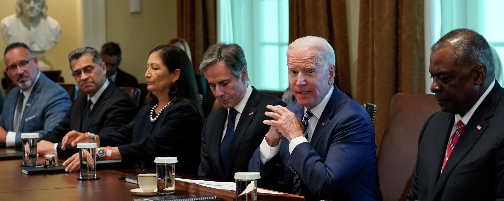 President Joe Biden speaks during a meeting with his Cabinet in the Cabinet Room at the White House in Washington, Tuesday, July 20, 2021. From left, Secretary of Education Miguel Cardona, Secretary of Health and Human Services Xavier Becerra, Secretary of the Interior Deb Haaland, Secretary of State Antony Blinken, Biden and Secretary of Defense Lloyd Austin. (AP Photo/Susan Walsh) President Joe Biden speaks during a meeting with his Cabinet in the Cabinet Room at the White House in Washington, Tuesday, July 20, 2021. From left, Secretary of Education Miguel Cardona, Secretary of Health and Human Services Xavier Becerra, Secretary of the Interior Deb Haaland, Secretary of State Antony Blinken, Biden and Secretary of Defense Lloyd Austin. (AP Photo/Susan Walsh) - Sputnik International, 1920, 14.08.2023