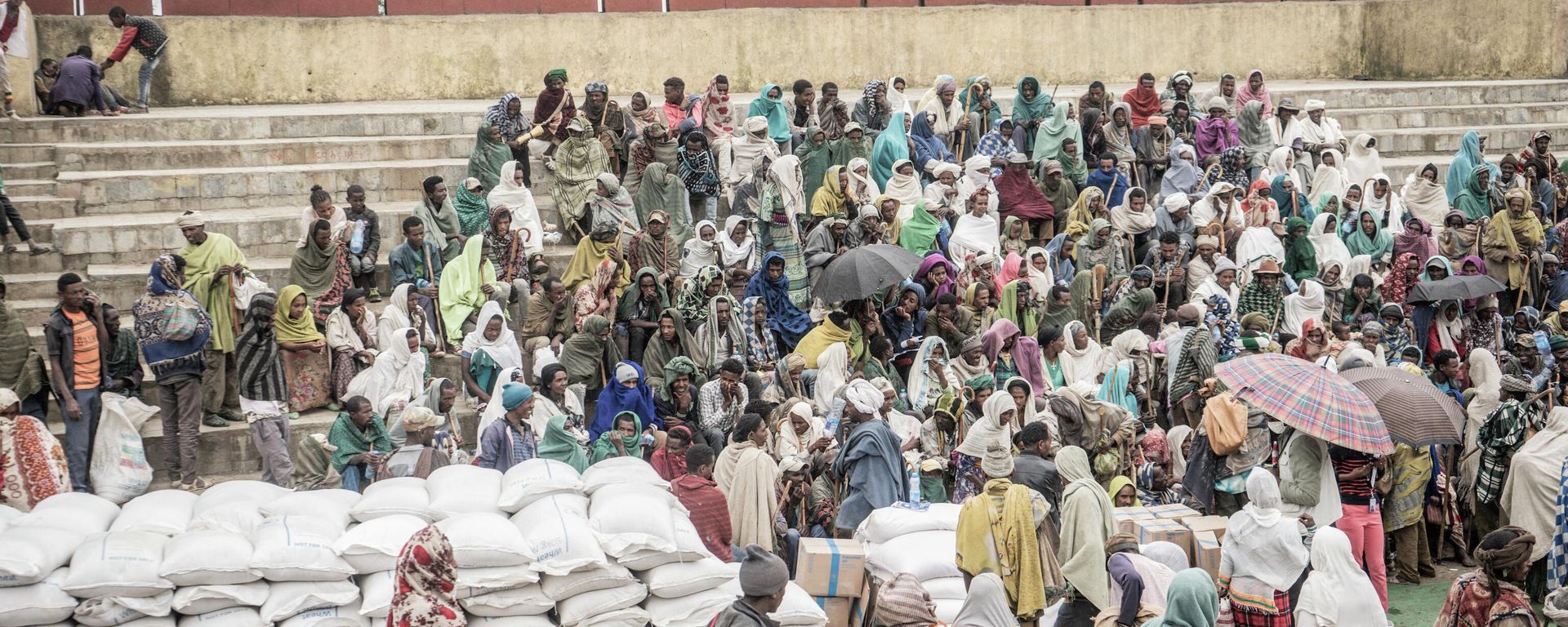 People who fled the war from May Tsemre, Addi Arkay and Zarima gather around in a temporarily built internally displaced people (IDP) camp to receive their first bags of wheat from the World Food Programme (WFP) in Ethiopia, on September 15, 2021. People who fled the war from May Tsemre, Addi Arkay and Zarima gather around in a temporarily built internally displaced people (IDP) camp to receive their first bags of wheat from the World Food Programme (WFP) in Ethiopia, on September 15, 2021. - Sputnik International, 1920, 20.06.2022